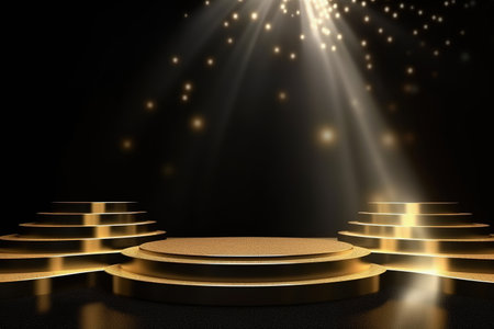 Round podium display for product design. Gold stage in spotlights and rays, black bokeh backgroundの素材