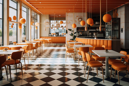 Modern empty coffee shop with trendy mid century 70s interior designの素材