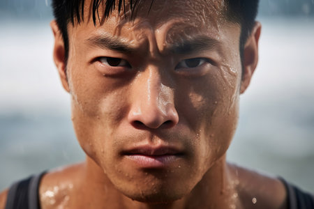 Young male professional muscular swimmer, man swimming front view, closeup water splash portraitの素材