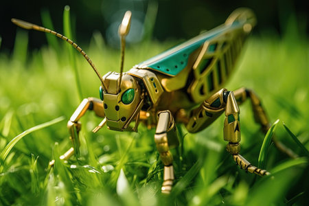 Futuristic robotic animal. Wildlife mechanical grasshopper insect with integrated nanotechnology. Future robot technology conceptの素材