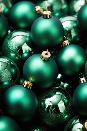 Christmas green baubles close up. Abstract holiday decorations backgroundの素材