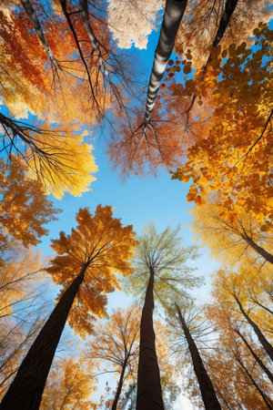 Trees in autumn park from below, yellow tops of trees, blue sky backgroundの素材