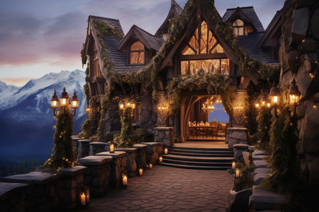 Luxury wedding venue in mountain lodge with amazing viewの素材