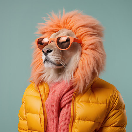 Fashion lion in fall winter jacket. Trendy bright orange color. Pop art portrait, lifestyleの素材