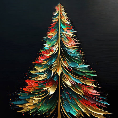 Luxury Christmas tree oil painting. Colorful gold on black background. Holiday card designの素材