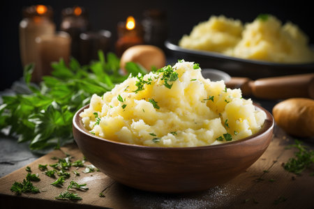Holiday mashed Potatoes in bowl with fresh herbs, rustic wooden backgroundの素材