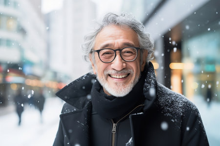 Senior Asian man in winter clothes. Urban lifestyle, street portraitの素材