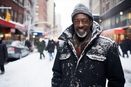 Senior black man in winter clothes. Urban lifestyle, street portraitの素材