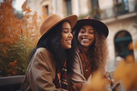 Interracial friends or lesbian couple in city on fall Europe vacation. Lifestyle and travel conceptの素材