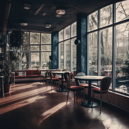 Modern empty coffee shop, trendy interior with natural woodの素材