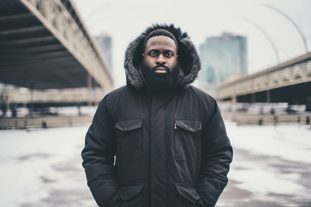 Middle aged black man in winter clothes. Urban lifestyle, street portraitの素材