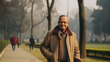 Senior Indian man in winter clothes. Urban lifestyle, street portraitの素材