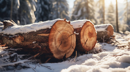 Log trunks covered in snow. Logging timber wood industry banner. Wood cutting in winter forest.の素材