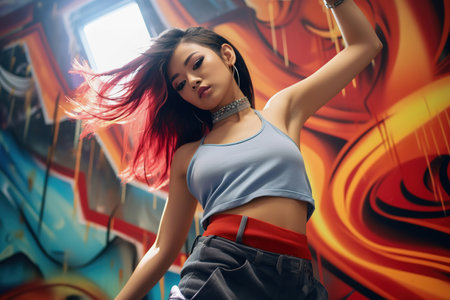 Young Gen Z Asian dancer, woman dancing in style of hip hop aesthetics, trendy colors, pop artの素材