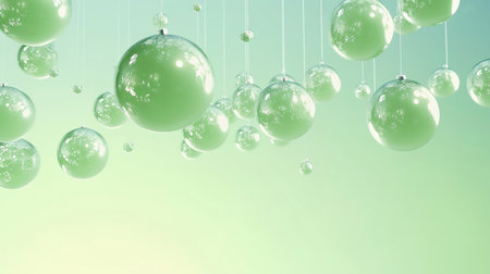 Christmas mint green baubles ornaments hang with copy space, closeup. Abstract holiday backgroundの素材