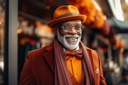 Senior black man outdoors in park. Fall winter elegant street lifestyleの素材