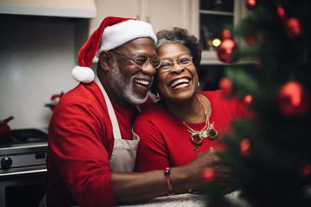 Senior black couple at home in kitchen, Christmas time. Retired couple smiling beside Christmas Treeの素材