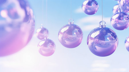 Christmas purple baubles ornaments hang with copy space, closeup. Abstract holiday backgroundの素材