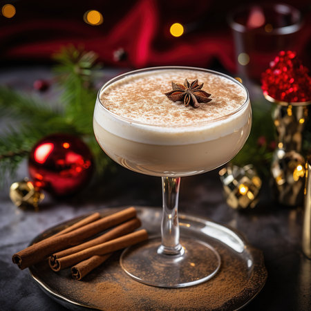 Eggnog cocktail with star anise and cinnamon on festive Christmas table, holiday backgroundの素材