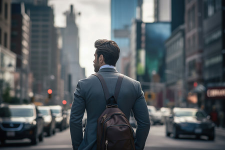 Confident businessman with backpack looking over cityscape. Man walking in urban setting, rear viewの素材