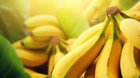 Bunch of yellow bananas with copy space, blurred background, ripe and freshの素材