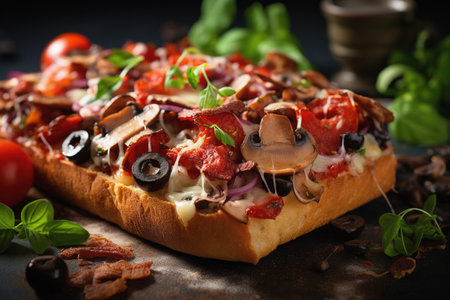 Sicilian style pizza slice with black olives and mushroomsの素材