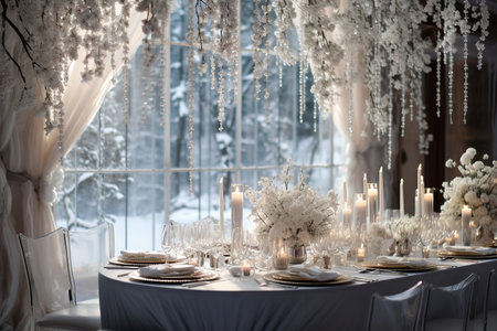Luxury winter themed dining setup. Festive white decoration, snowy window viewの素材
