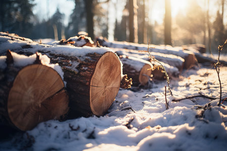 Stack of cut timber logs covered with fresh snow, set against forest backgroundの素材