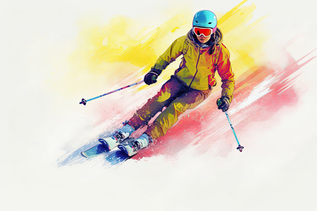 Watercolor illustration of woman skiing in vibrant neonの素材