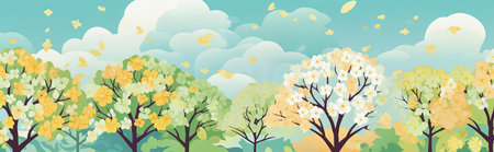 Spring blooming trees banner with colorful trees in bloom against spring skyの素材