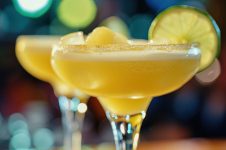Traditional frozen margaritas garnished with lime on tableの素材