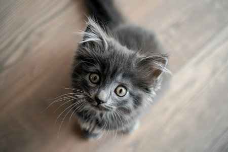 Cute gray kitten cat looking upwards, curious playful expression. Kitchen floor backgroundの素材