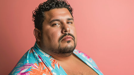 Confident plus size Hispanic man in floral shirt against pink backgroundの素材