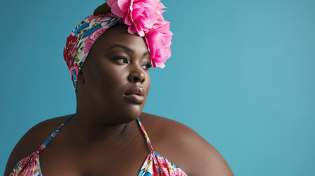 Confident black plus size model in swimwear with vibrant headscarf, blue backdropの素材