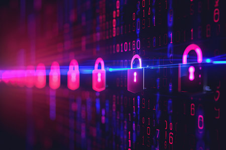 Cybersecurity concept with digital locks and data encryption. Database security software development