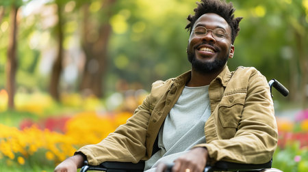 Happy black man in wheelchair, blurred spring outdoor background, copy spaceの素材