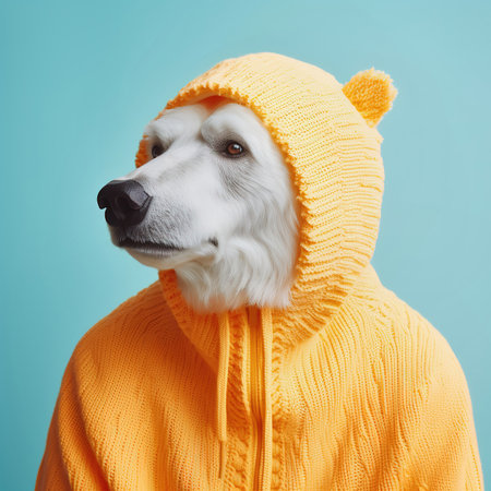 Fashion polar bear in yellow knitted hooded cardiganの素材