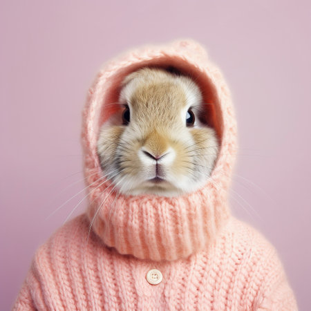 Fashion bunny in knitted hooded cardigan, pastel pink color sweaterの素材