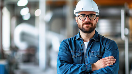 Male engineer in hard hat standing in a manufacturing plantの素材