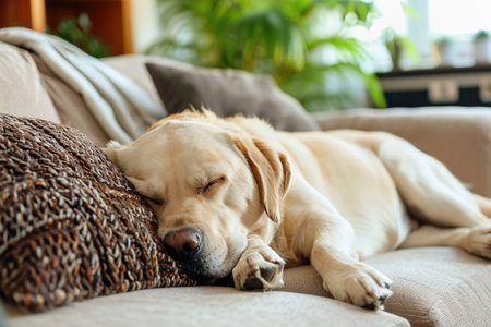 Labrador Retriever dog napping on cushion indoorsの素材