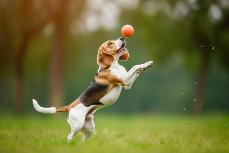 Beagle breed dog playing fetch in a grassy field with a bright ballの素材