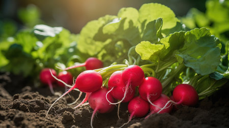 Fresh radishes close up, healthy cuisine. Top down viewの素材