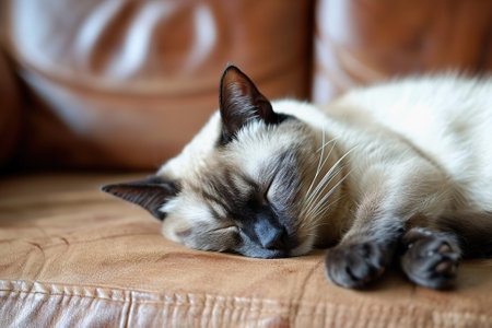 Siamese cat napping on cushion indoors in living roomの素材