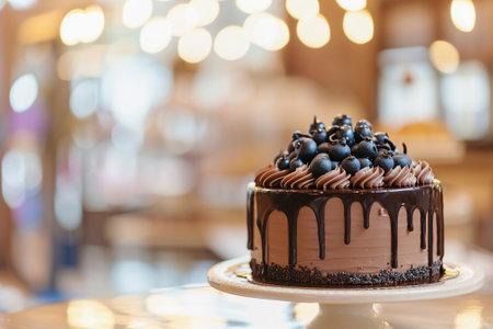 Chocolate cake with glossy ganache and blueberry topping, close upの素材