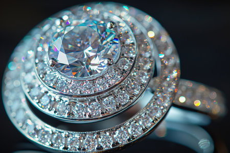 Halo diamond engagement ring closeup. Luxury jewelryの素材
