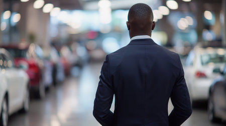 Professional African American man in car showroom at work in dealership, surrounded by high end vehicles, rear back view