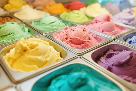 Scoops of multicolored artisanal ice cream on display at gelateriaの素材