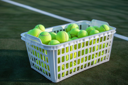 Basket of tennis balls on green court, ready for playの素材