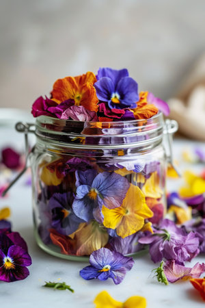 Edible flowers. Colorful dried pansies in glass jarの素材