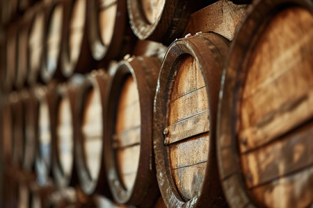 Rows of old wooden barrels stored in rustic wine cellarの素材